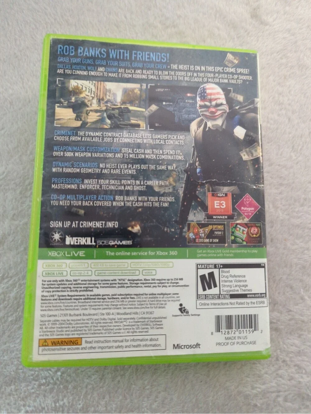 Payday 2 Xbox 360 Game - Tested and Working - Missing Manual